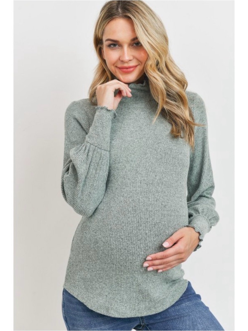 Soft Ribbed Mock Neck Maternity Sweater - Sage Green